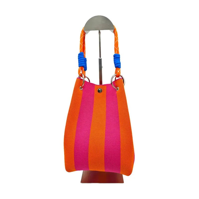 Niche Knitted Ring Buckle Top Handle Bag Handmade Knitting Bucket Bag | Magnetic Buckle Handbag Women Fashion Totes Bag Wrist Bag Luxegan