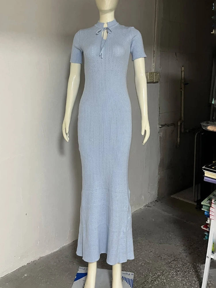 Solid Stand Collar Short Sleeve Slim Fit A-Line Knit Dress – Natural Waist, Summer | Short & Long