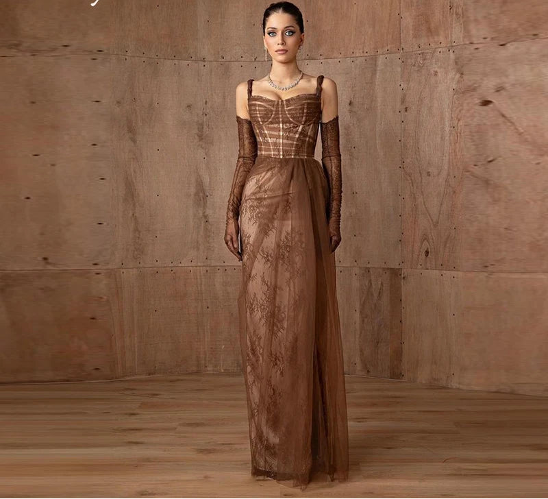Simple Dubai Lace Mermaid Prom Dress | Elegant Sweetheart Spaghetti Strap Evening Gown | Custom Size Floor-Length Engagement Party Dress | Model L2024-0927-02 Celebrity Style Robe De Soirée Luxegan