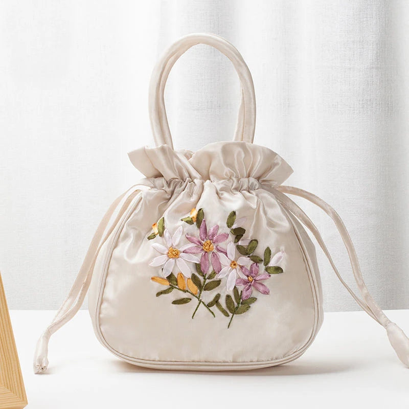 Bolsos Retro Bordados con Cordón Bolsas de Almacenamiento Carteras Monederos Tarjeteros Bolsos de Hombro Tipo Cubo Bolsos de Muñeca