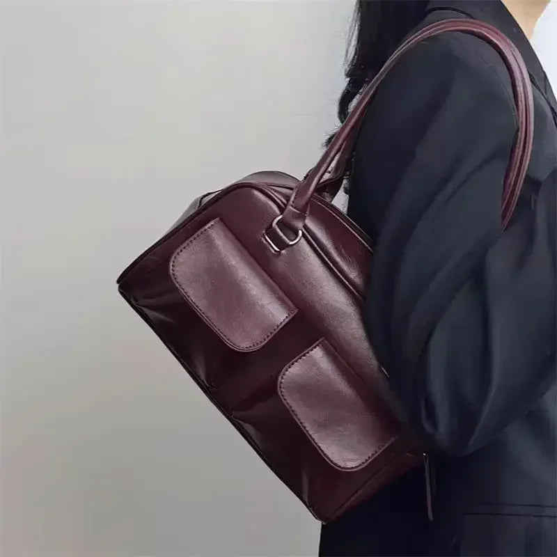 Vintage Women's Business Shoulder Bags | Simple Ladies Commute Tote Bag & PU Leather Female Underarm Bag (Burgundy Large Handbags Purse) Luxegan