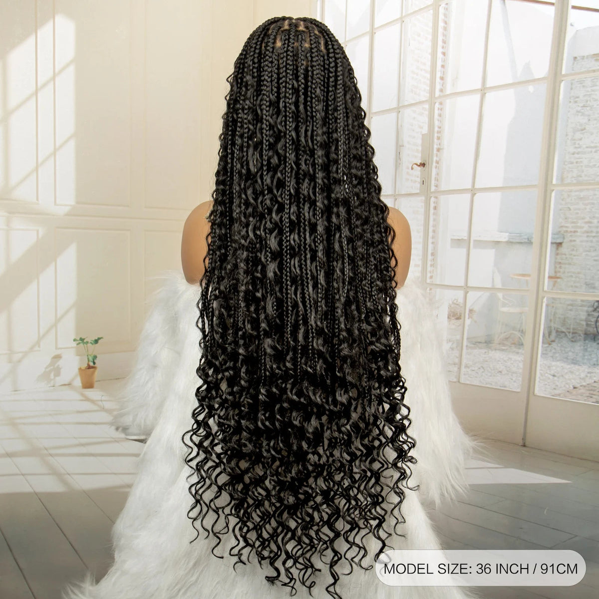 36 Inches Long Boho Braided Wigs with Baby Hair Synthetic Full Lace Knotless Box Braiding Wig with Curly Lace Frontal Wig Luxegan