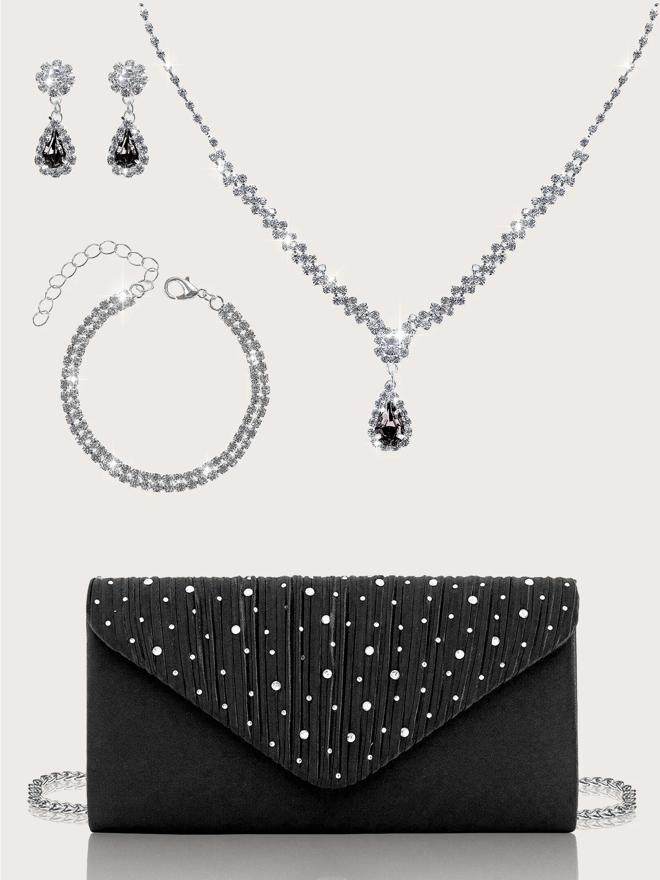 Sparkling and Luxurious Rhinestone Party Women's Clutch Bag | Gorgeous Rhinestone Pendant Necklace, Earrings, & Bracelet Set Luxegan