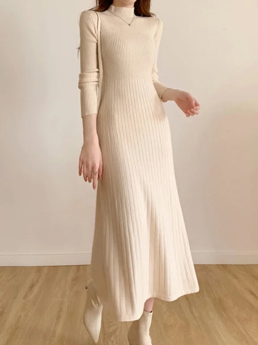 Autumn Winter Slim Knitted Midi Dress | Sophisticated Half-High Collar Sweater Dress | Elegant "Tatting Weave" Silhouette | "Dignified" Empire Waist Party Dress for Radiant Versatile Styling Luxegan