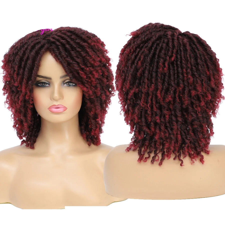 Short Afro Curly Faux Locs Wig | Twist Braids | Heat Resistant | Ombre Brown | Black Women Luxegan