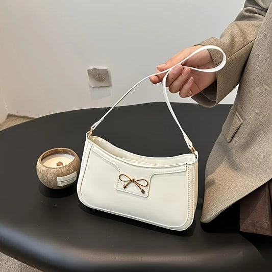 Elegant Solid Color Bowknot Shoulder Bag | Sophisticated Small Square Handbag for Women | Fashion-Forward Sequined Underarm Bag | Trendy PU Leather Casual Tote with Versatile Single Strap Luxegan
