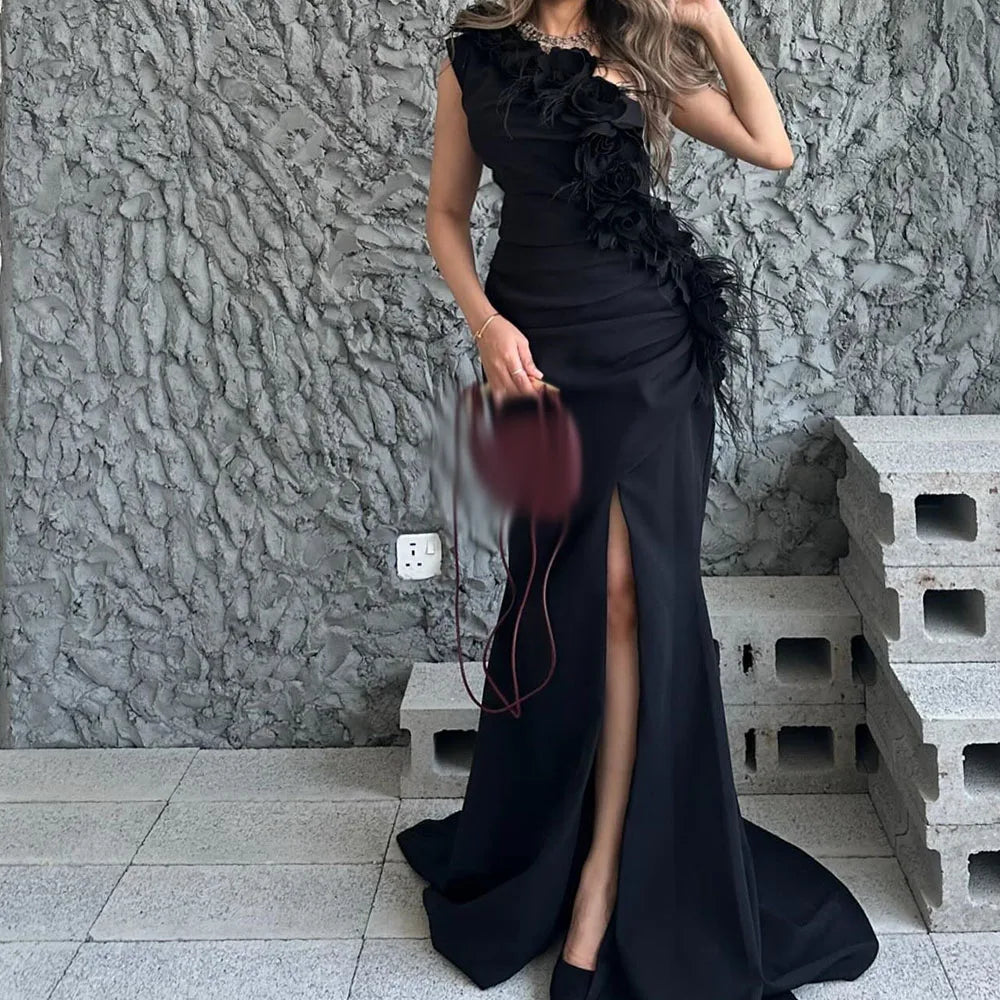  Floral Feather Mermaid Prom Gown | One-Shoulder Sleeveless Floor-Length Evening Dress Luxegan