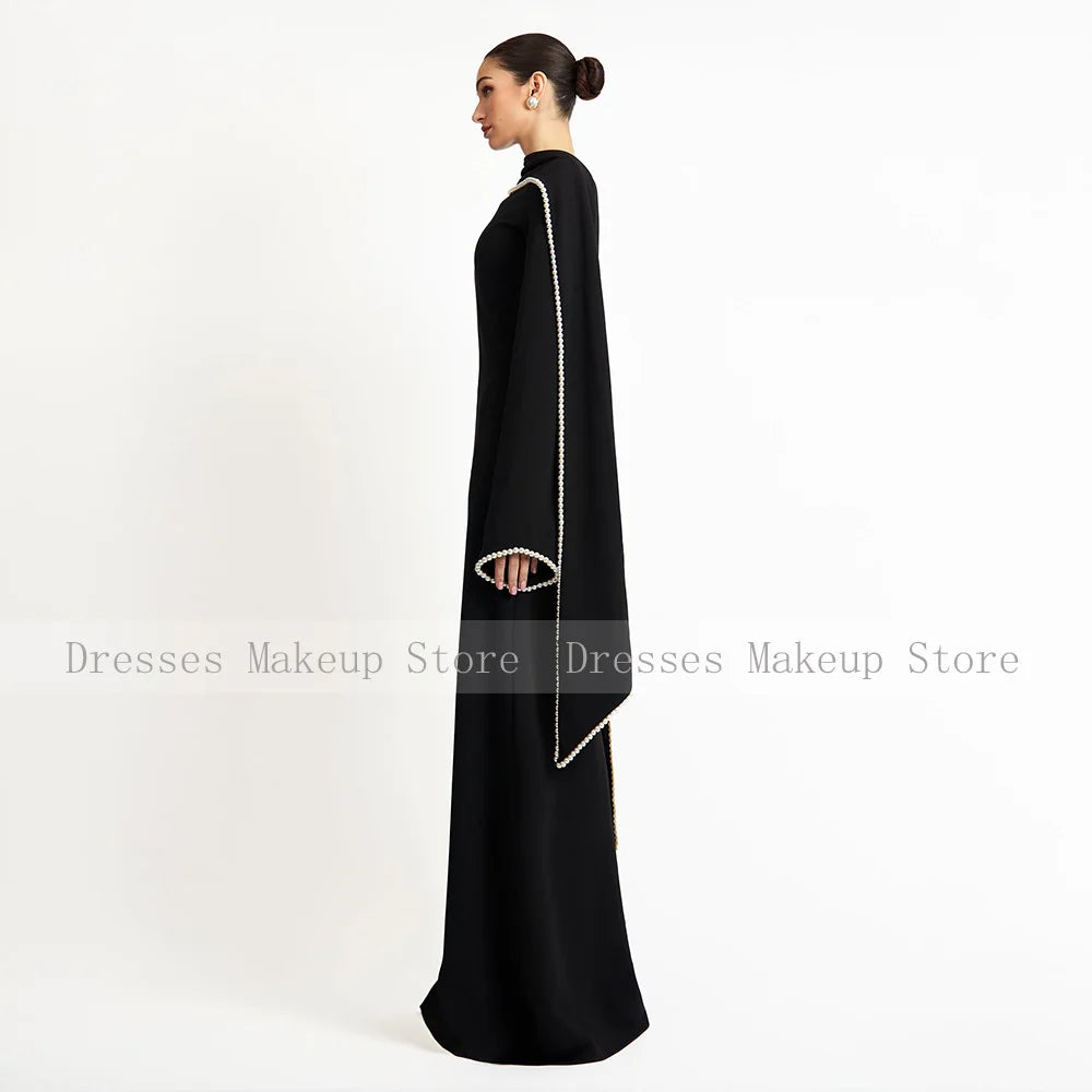 Customized Wedding Party Dress Black A Line Pearl Long Sleeves O Neck Evening Gown Long Shawl Saudi Arabian Formal Evening Dress