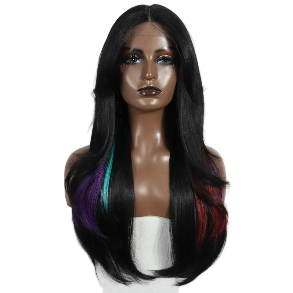 26-Inch Ombre Brown Highlight Blonde Synthetic Lace Front Wig with Bangs - Long Straight High Temperature Fiber Swiss Lace Wig - Transparent Lace Glueless Wig for Daily Use & Cosplay (197g) Luxegan