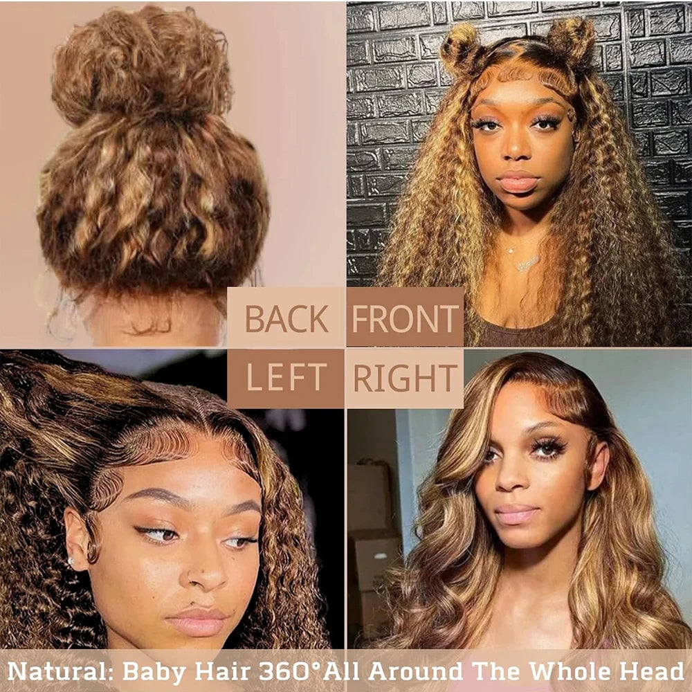 Highlight HD Invisi-Strap 360 Full Lace Wig | Sophisticated "Honey Blonde" Deep Curly Silhouette | Elegant 250% Density HD Lace Frontal | "Dignified" Brazilian Human Hair Highlight Wig for Radiant Versatile Styling Luxegan