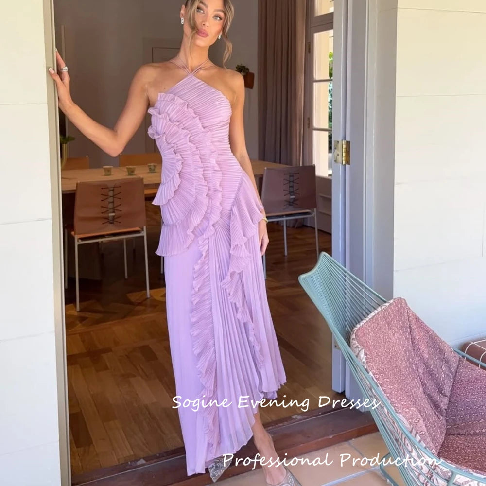 Halter Chiffon Cocktail Party Dress | Pleated Ruffle Asymmetric Evening Dress Luxegan