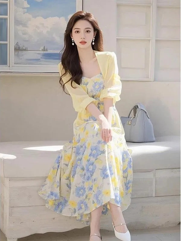 Summer Large Size Women's Faionable Sun Protection Open Cardigan Top Waist Cinching Floral Dr Gentle Wind Two-Piece Set