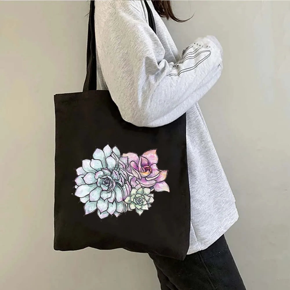 Succulove Floral Cotton Tote Bag | Large Capacity Handbag with Tulips, Hydrangeas, Sunflowers & More (Casual Shoulder Shopper, Eco-Friendly) Luxegan