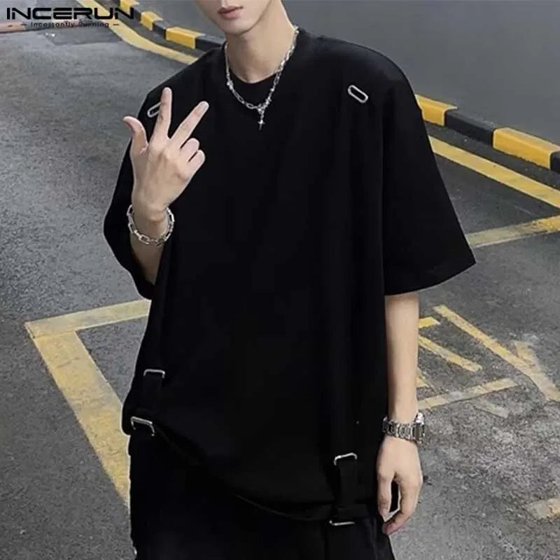 Loose Metal Design Strap T-Shirt | Sophisticated O-Neck Half-Sleeve Silhouette | Elegant "City Walk" Casual Camiseta | "Dignified" Solid Broadcloth Top for Radiant Versatile Styling Luxegan