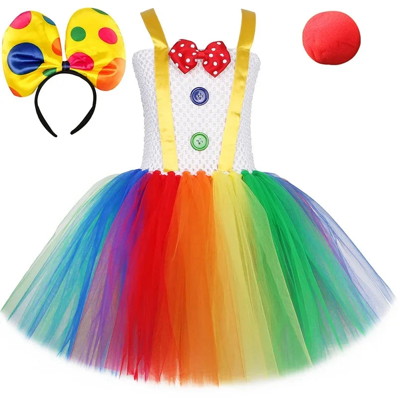 Funny Circus Clown Tutu Dress for Girls | Naughty Joker Cosplay Costume | Rainbow Patchwork Hand-Woven Carnival Party Ball Gown for Kids Luxegan
