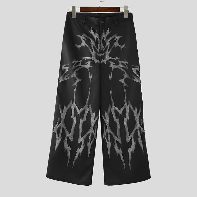Printed Gradient Pattern Trousers | Sophisticated Mid-Waist Wide-Leg Silhouette | Elegant "Full-Length" Leisure Pantalons | "Dignified" Button Fly Casual Bottoms for Radiant Versatile Styling Luxegan