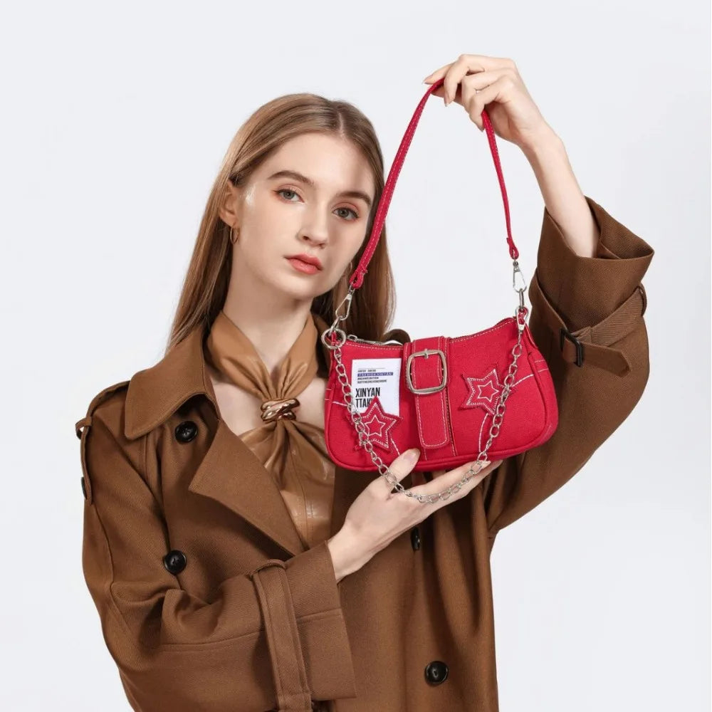 Y2K Fashion Women's Underarm Bag | Cool Girls Stars Pattern Canvas Handbag | Trendy Small Shoulder Bag with Chain Detail | Fashionable Party Tote & Star Print Purse Luxegan