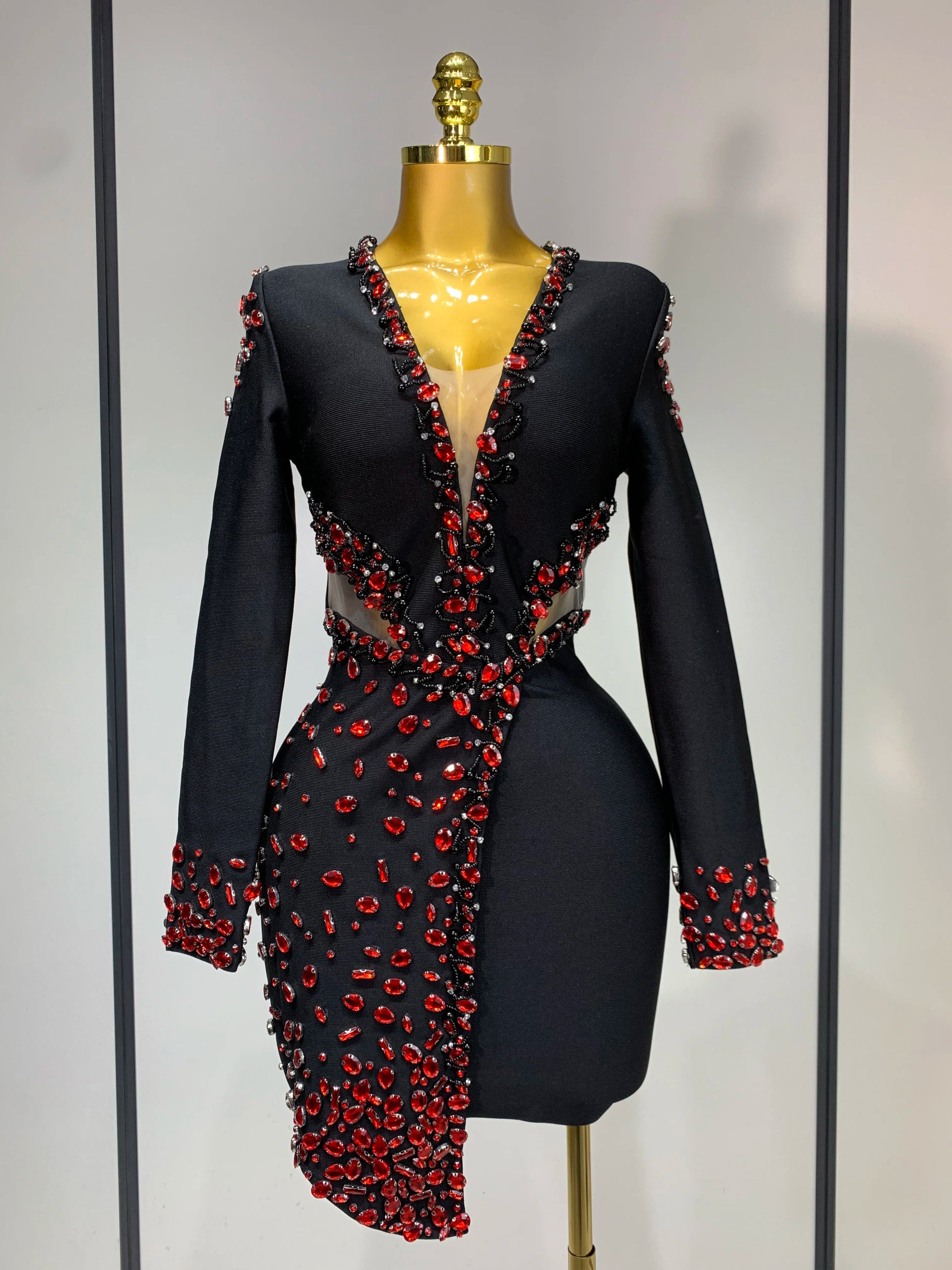 Women's Black Long Sleeve V-Neck Rhinestone Bandage Dress Luxegan