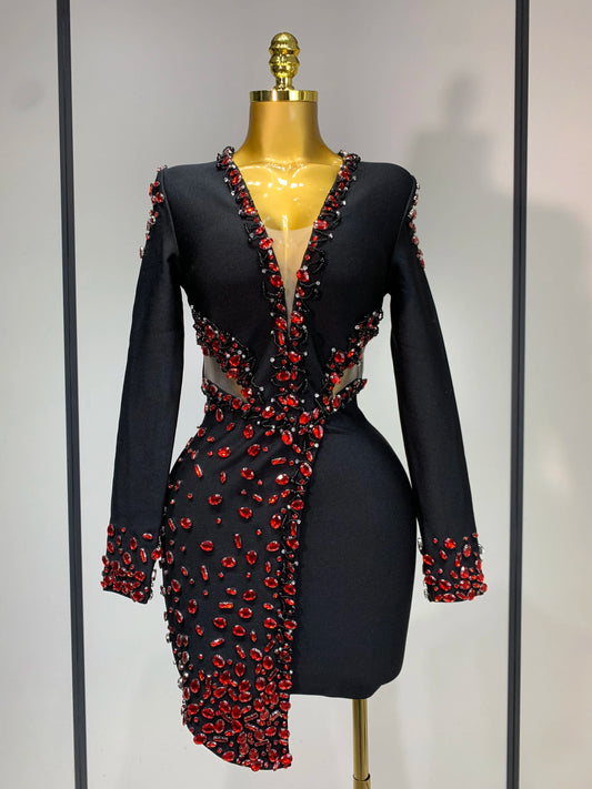 Women's Black Long Sleeve V-Neck Rhinestone Bandage Dress Luxegan