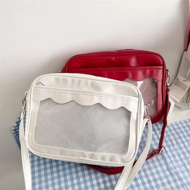 Women's PU Transparent Pocket Ita Bag | High School Girls JK Uniform Crossbody Shoulder Handbag (Fashion Satchel)