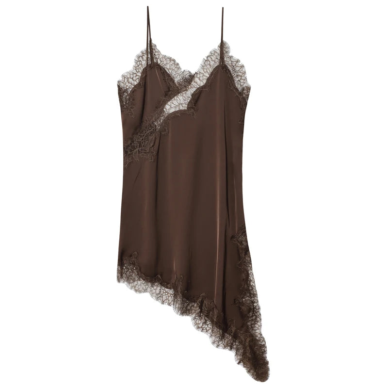 Women's Elegant Lace Asymmetric Slip Dress | Sexy Summer Evening Camisole Gown | Ladies Backless Sleeveless Regular Fit Mini Dress | Premium Non-Stretch Solid Brown Vestido Model Lace Slip Dress Luxegan