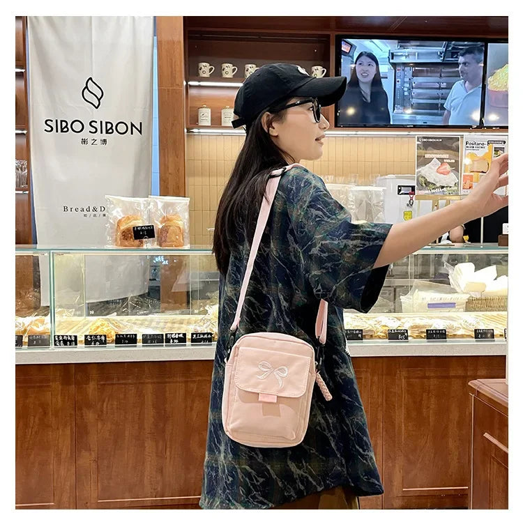 Women’s Fashion Bow Shoulder Bag | Trendy Adjustable Strap Crossbody | Fresh & Sweet Nylon Daily Messenger Bag & Hobo Sling Luxegan