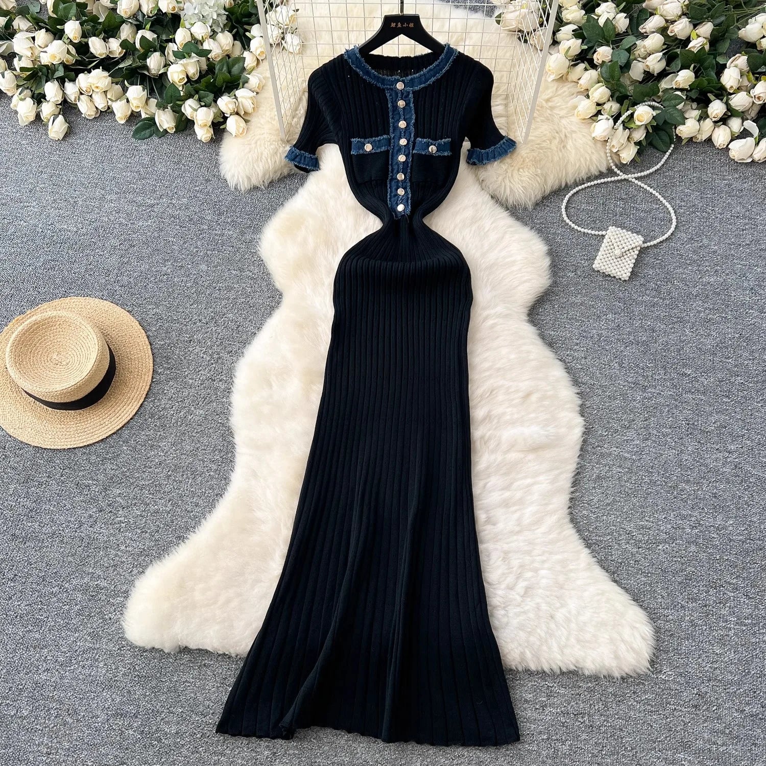 Chic Sexy Packages Knitted Maxi Dress | Vintage Denim Patchwork Long Sweater Dress | Elegant Button Accent O-Neck Slim Party Gown | Premium Medium Stretch A-Lineidos Luxegan
