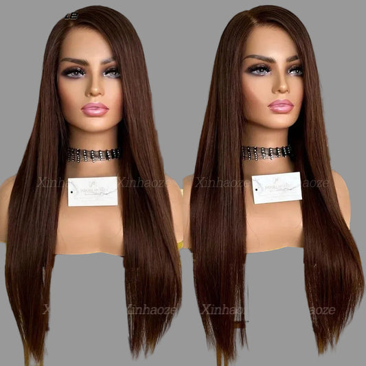 Dark Chestnut Brown Straight Wig | Sophisticated 13x4 Silk Top &amp; 360 Full Lace | Elegant "Scalp-Like" Brazilian Human Hair | "Dignified" 26+ Inch Pre-Plucked Remy Wig for Radiant Versatile Styling Luxegan