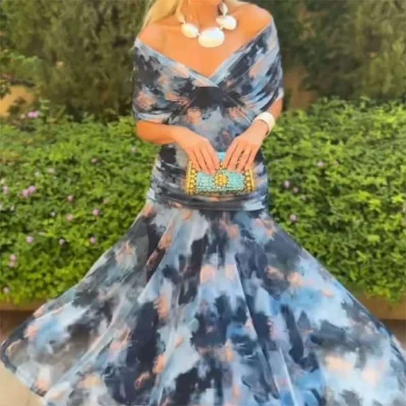 V-Neck Shawl Sleeve Pleated Maxi Dress | Floral Print Hollow Out High Waist Banquet Dress Luxegan