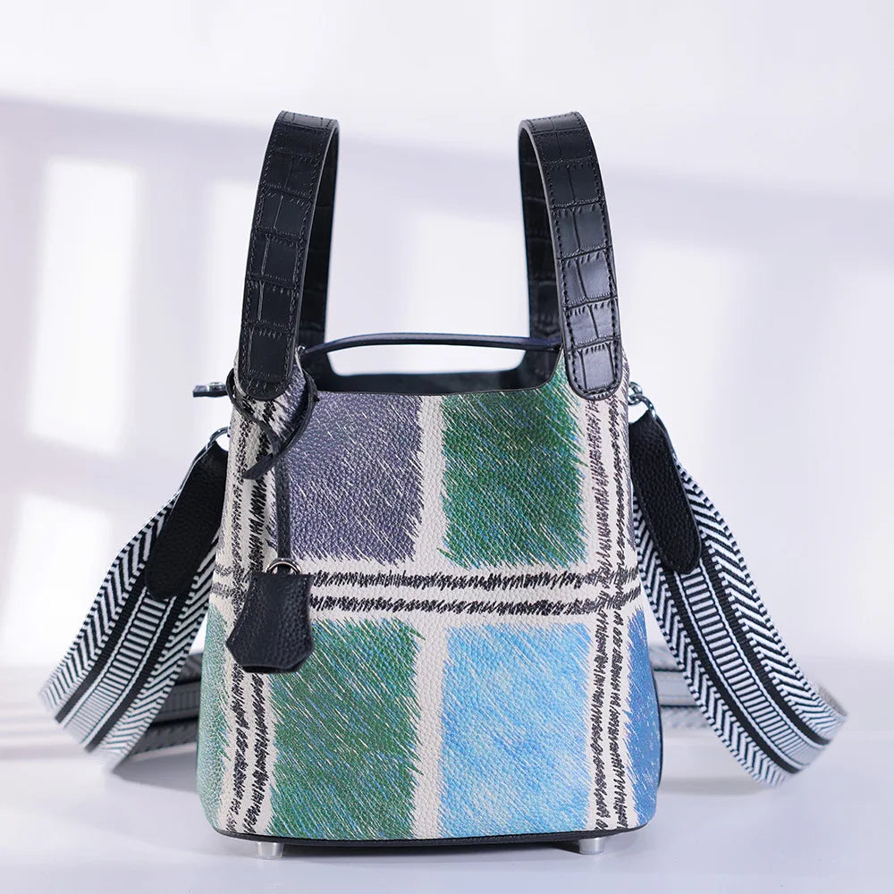 Premium Painting Vegetable Basket Handbag | First Layer Cowhide Genuine Leather Bucket Bag | Artistic Geometric Pattern Tote with Adjustable Strap | Elegant Daily Matching Fashion Purse Luxegan