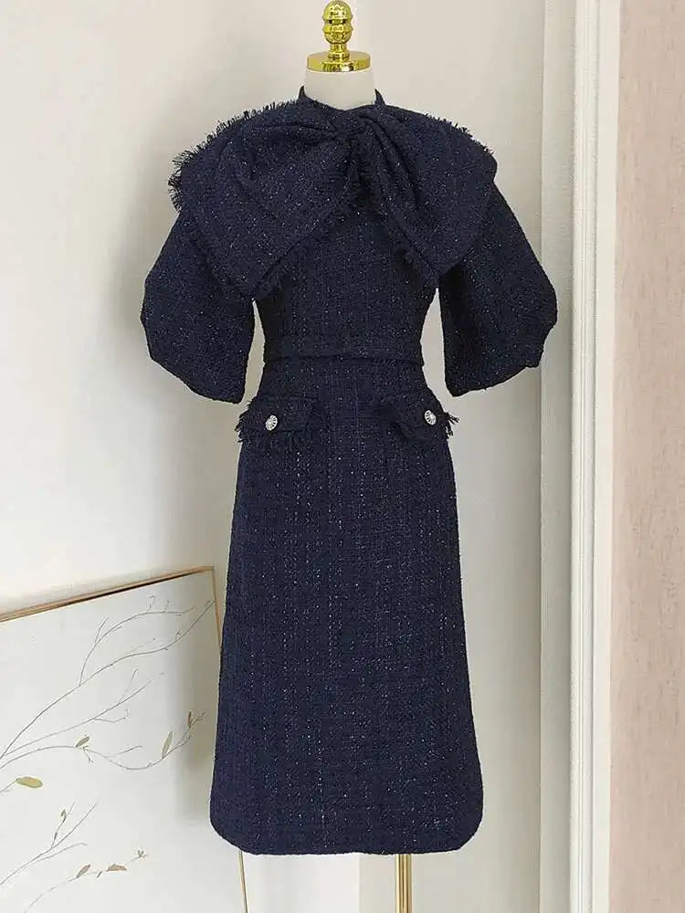 Stand Collar Short Puff Sleeve Tassel Trim Regular Fit A-Line Midi Dress – Empire Waist, Autumn/Winter Luxegan