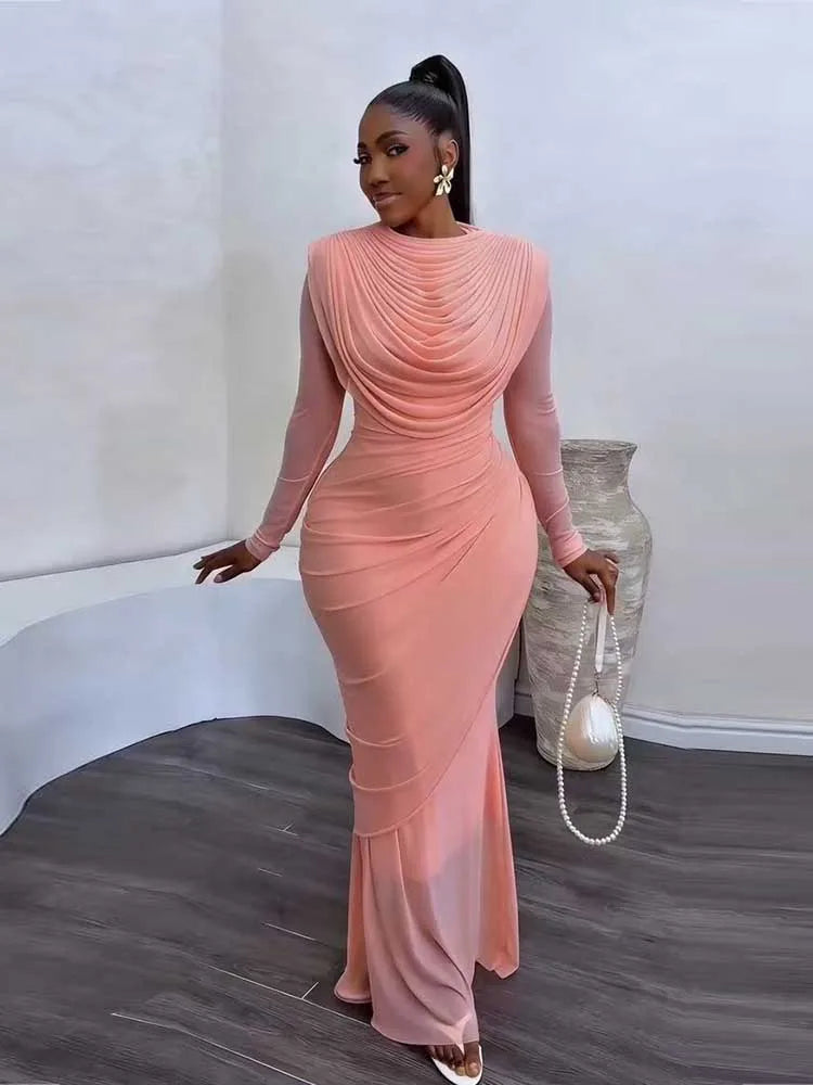 Solid Round Neck Long Sleeve Draped Detail Regular Fit Sheath Ankle-Length Mesh Dress – Natural Waist, Spring/Summer Luxegan