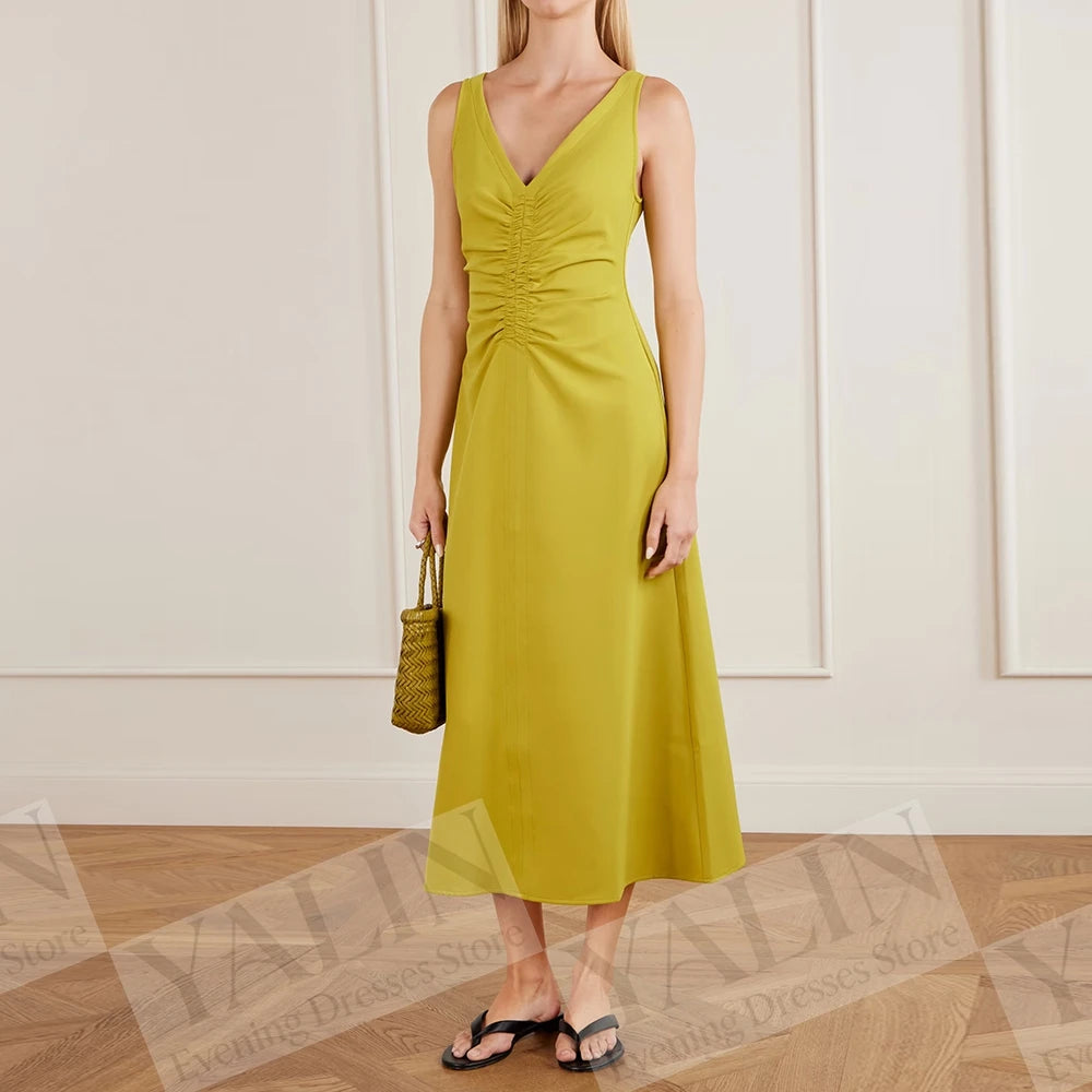 Draped A-Line Prom Dress | V-Neck Sleeveless Tea-Length Evening Gown Luxegan