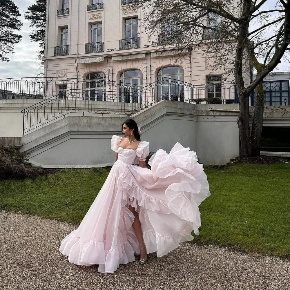 Charming Pink Organza A-Line Prom Dress | Spaghetti Strap Scoop Neck Formal Gown | Sleeveless Candy-Color Pastoral Floor-Length Evening Dress Luxegan