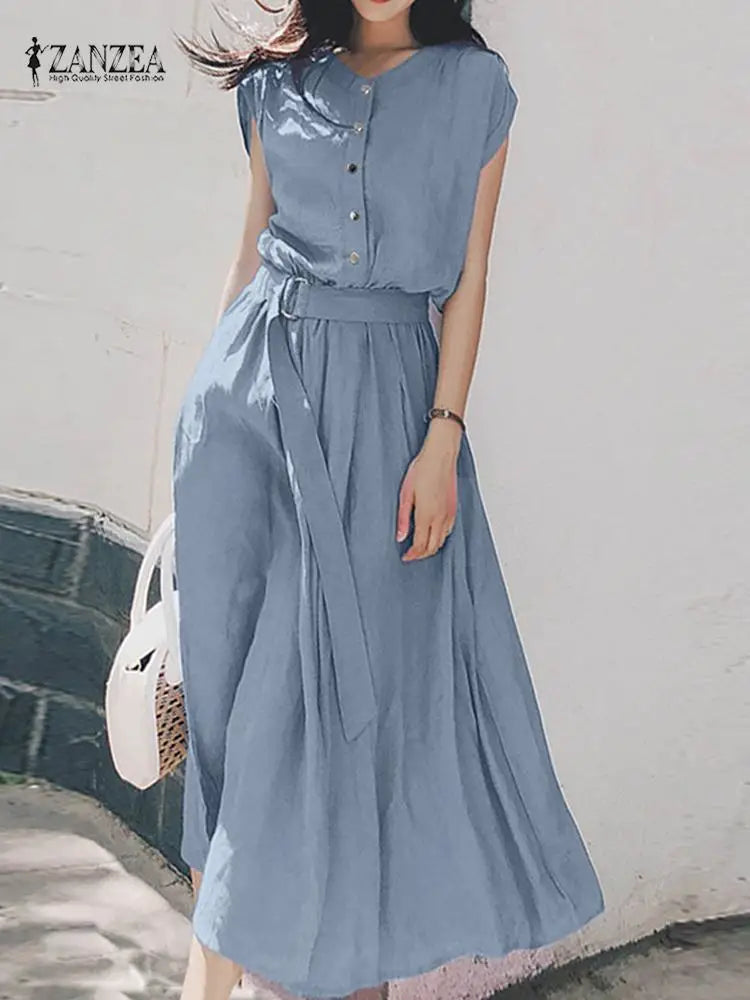 Women's Elegant Solid Short Sleeve Midi Dress | Casual Summer Party A-Line Sundress | Vintage O-Neck Pullover Dress with Sashes | Premium Jersey Regular Fit Vestido Luxegan
