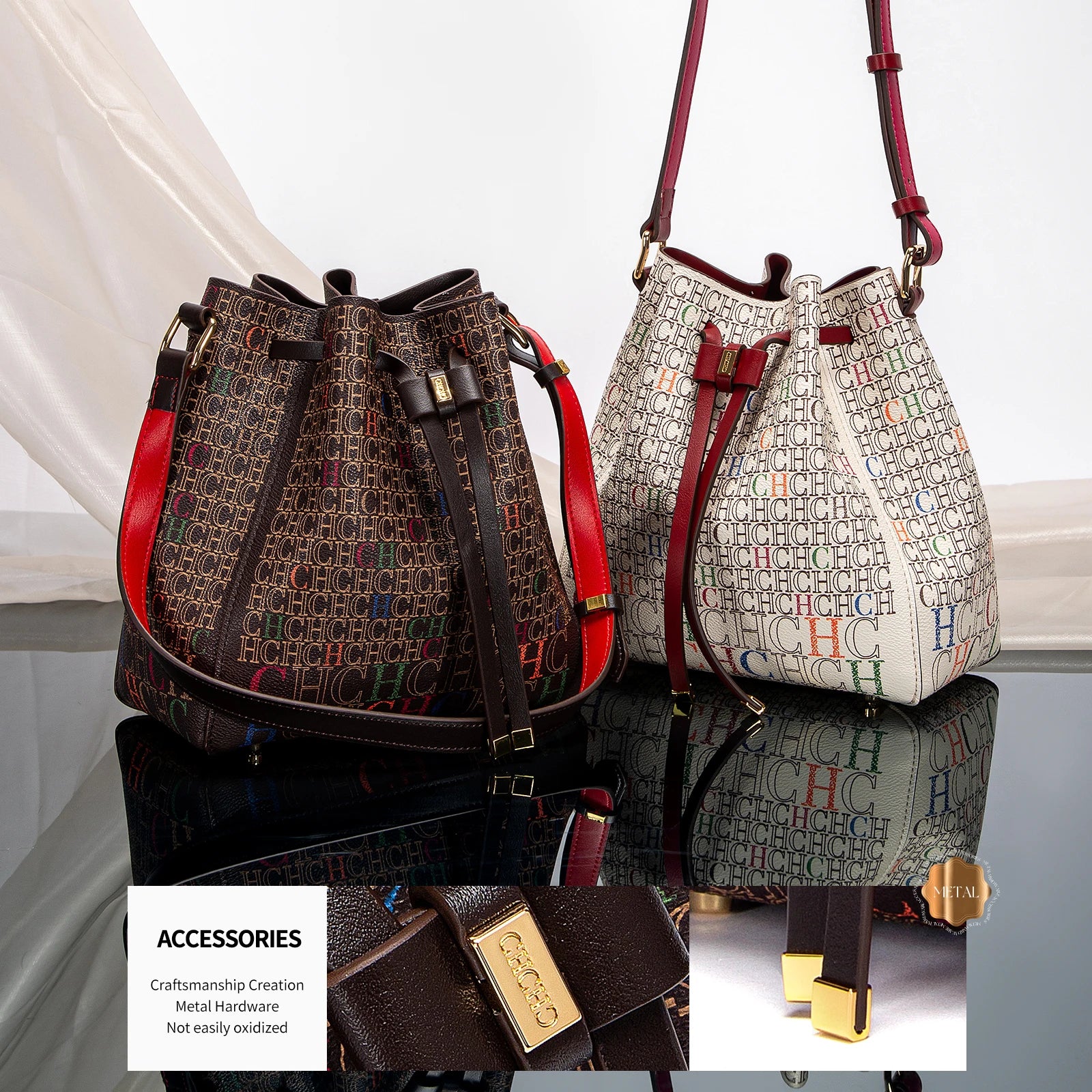 Luxury Classic Women’s Bucket Bag | Fashion PVC Printed Shoulder Bag | Designer Inspired Mini Bucket Purse | Trendy "Luxury Brand" Lettered Handbag (Model CO2C2211) Luxegan