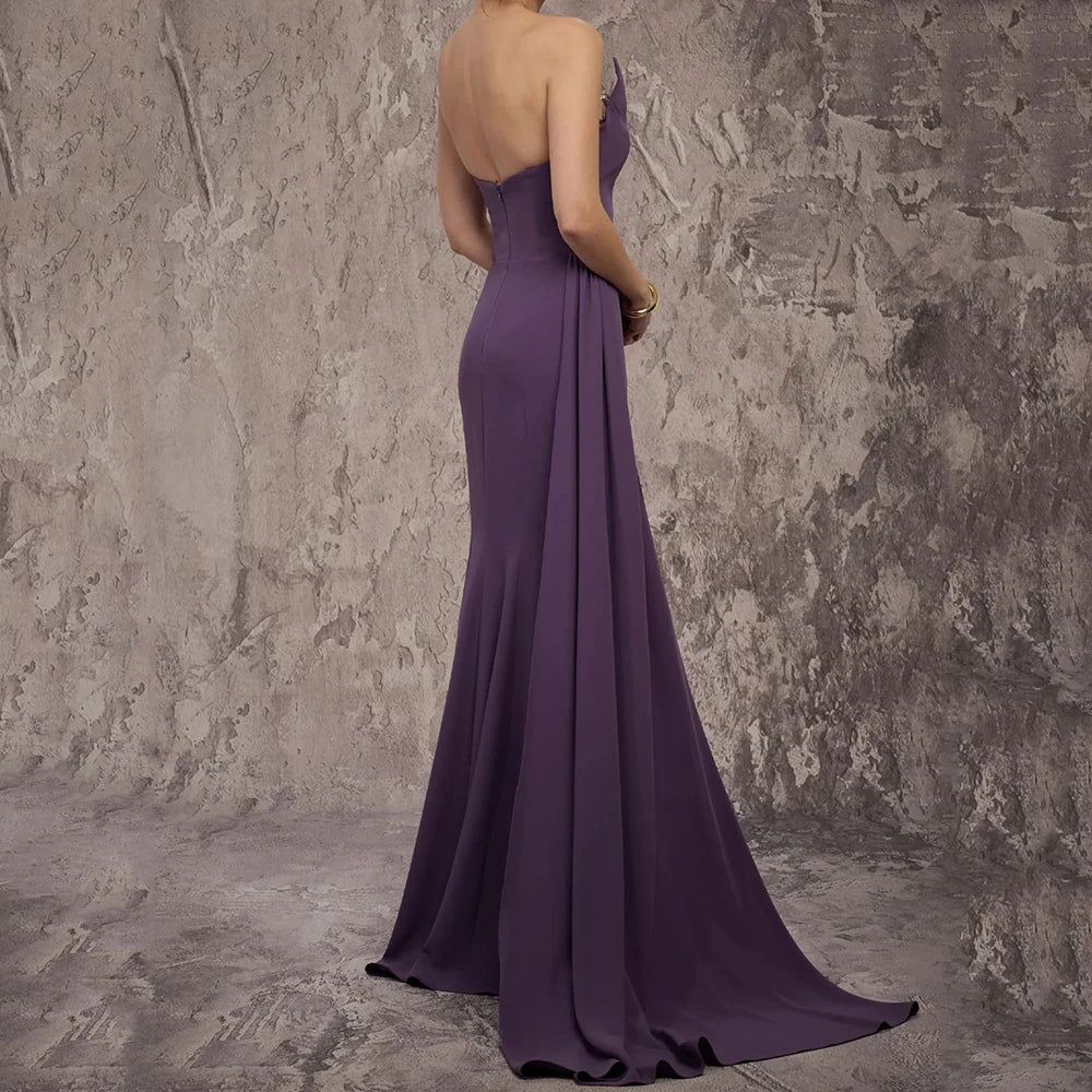 Crystal Draped Backless A-Line Evening Gown | Strapless Sleeveless Floor-Length Prom Dress Luxegan