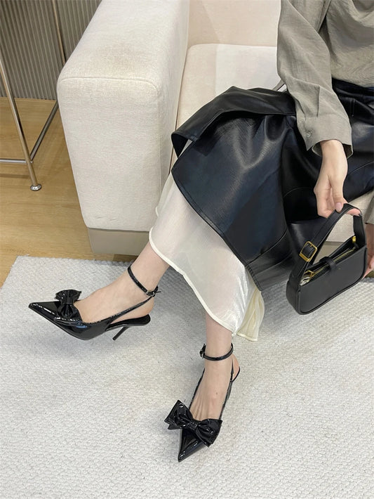 Wine Red Patent Leather Stilettos | Sophisticated Ankle Strap Bow Slingbacks | Elegant "Handmade Butterfly-Knot" Silhouette | "Dignified" Pointed Toe Party Sandals for Radiant Versatile Styling Luxegan