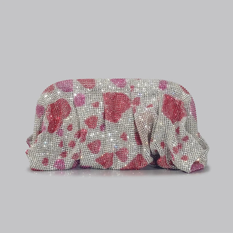 Shiny Ruched Rhinestone Evening Clutch | Designer Gradient Love Hearts Party Bag | Sparkling Diamond Encrusted Female Purse | Luxury Metallic Fashion Clutch for Weddings & Gala Events Luxegan