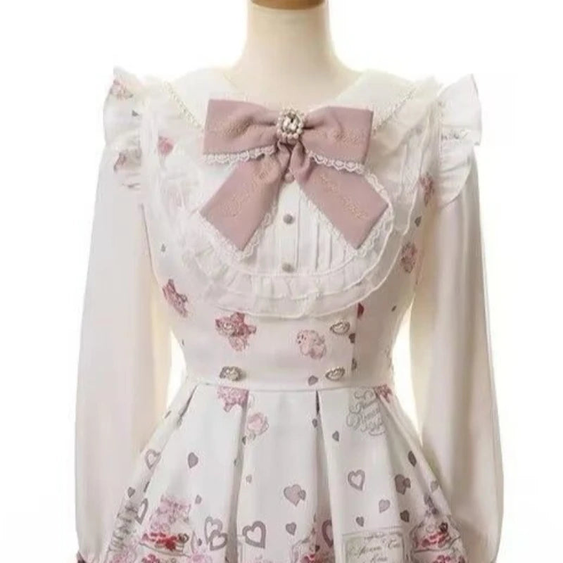 Bow Detail Two-Piece Dress Set – Top & Skirt, A-Line, Sweet Style, Autumn Luxegan