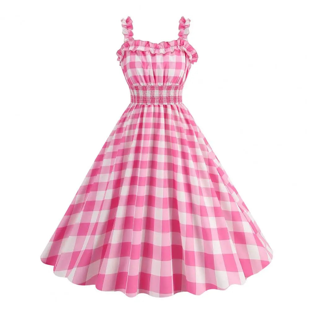 Plaid Off-the-Shoulder Square Collar Sleeveless Sash Loose Fit Ball Gown Midi Dress – Elastic Waist, Spring/Summer Luxegan