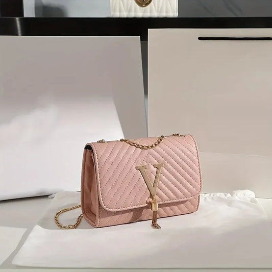 Fashion Quilted Chain Crossbody | Sophisticated Letter-Embroidered Shoulder Bag | Elegant Luxury Tassel-Decor Square Purse | "Dignified" Structured Messenger with High-Fashion Detailing Luxegan