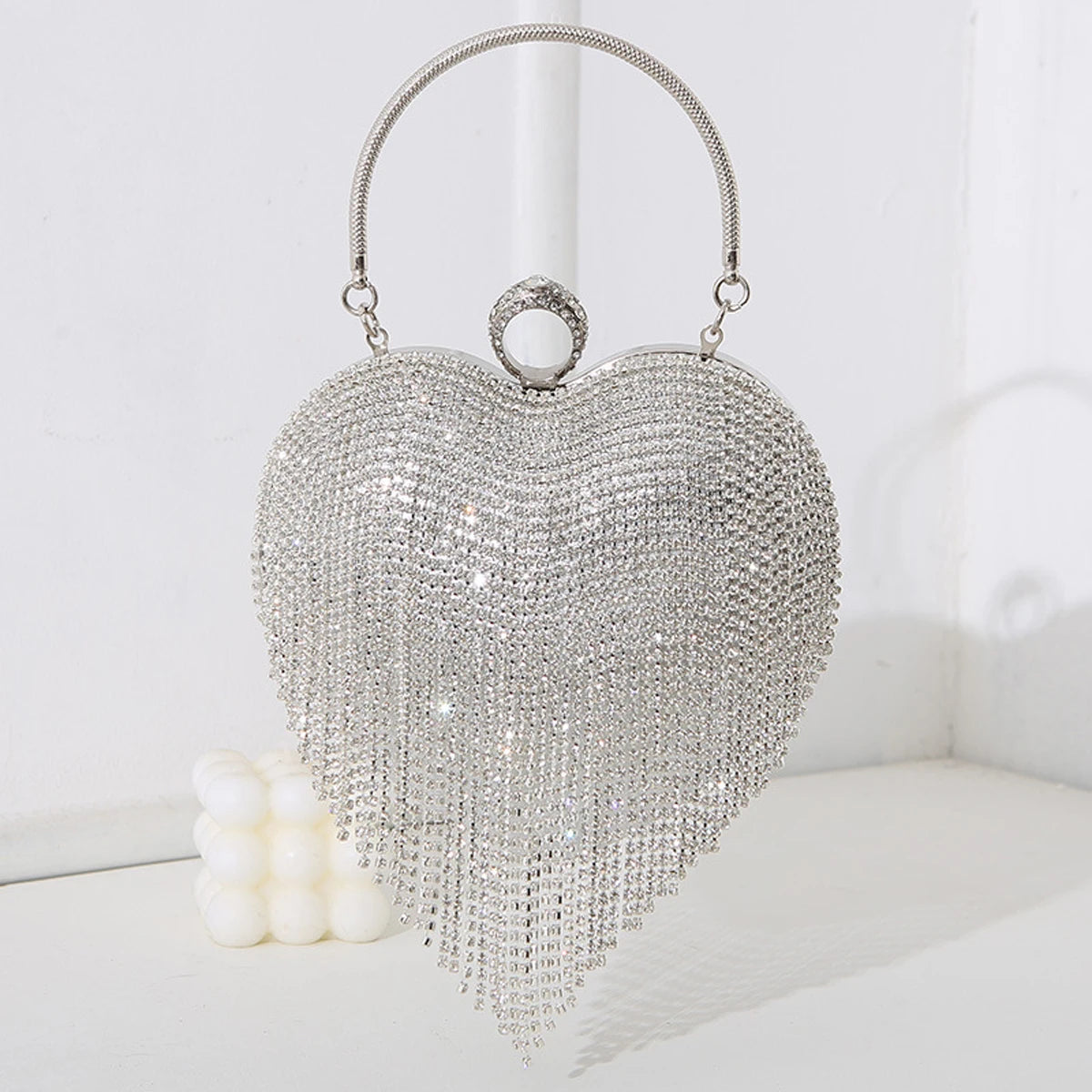 Rhinestone Evening Bag | Heart Pattern Silver Handbag & Diamond Tassel Clutch Luxegan