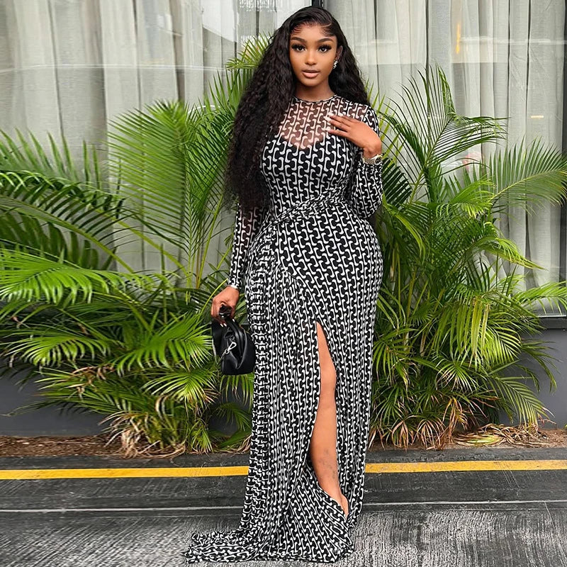 Vintage Printed Sexy See Through Mesh Women Dress Long Sleeve O Neck Slim Waist Big Hem Long Maxi Dress
