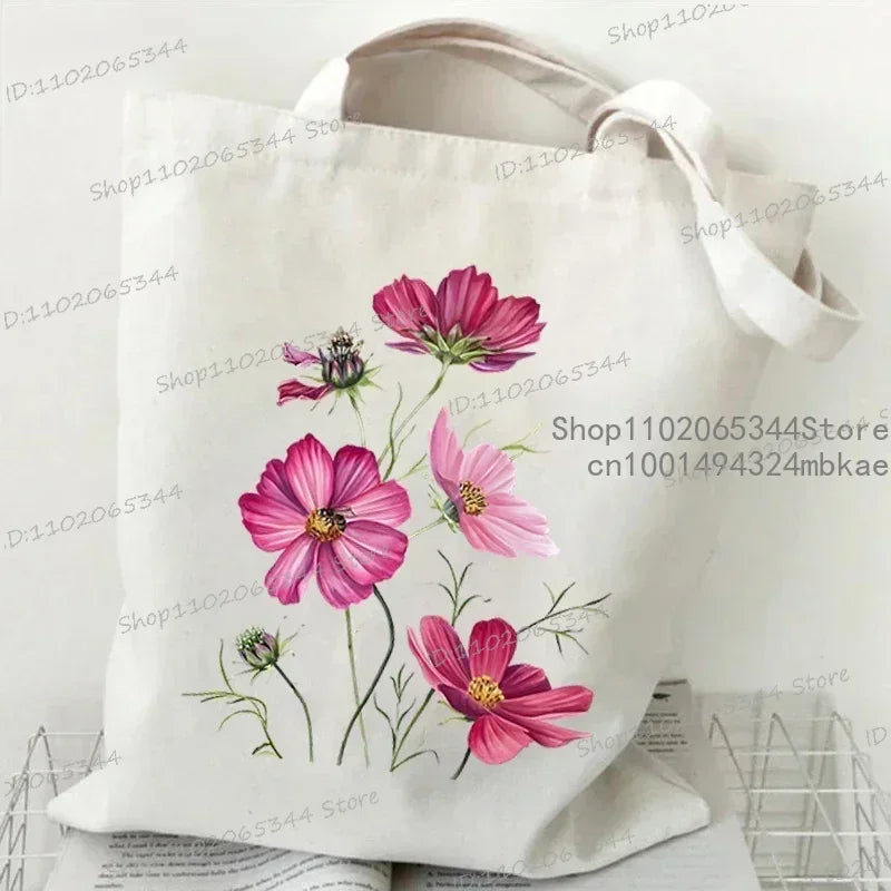 Fashion Canvas Tote Bag Oil Painting Wildflowers Print Lady Shoulder Shopping Bag | Plant Style Daisy Vintage Flower Women Handbag Luxegan