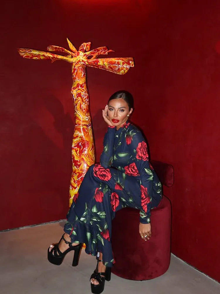 Women's Print Turtleneck Long Sleeve Fishtail Bodycon Maxi Dress Luxegan