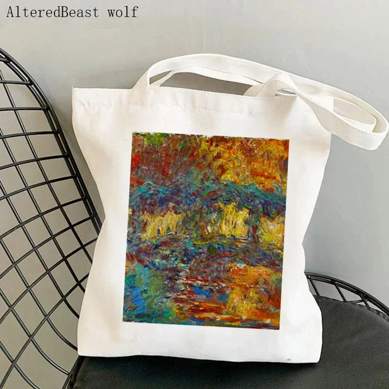 Monet Water Lilies Canvas Shoulder Bag | Sophisticated Kawaii Harajuku Shopping Tote | Elegant Art-Inspired Shopper Handbag | "Dignified" Durable Square Purse for Versatile Daily Styling Luxegan