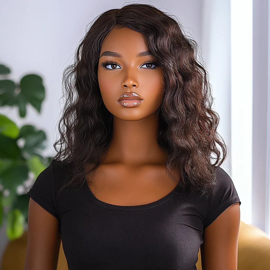 Glueless Short Curly Bob Wig with Fringe Bangs | Honey Brown Mixed Blonde Highlight Water Wave Wig | 100% Brazilian Remy Human Hair Side-Part Pre-Plucked Fluffy Curly Wig for Women Luxegan
