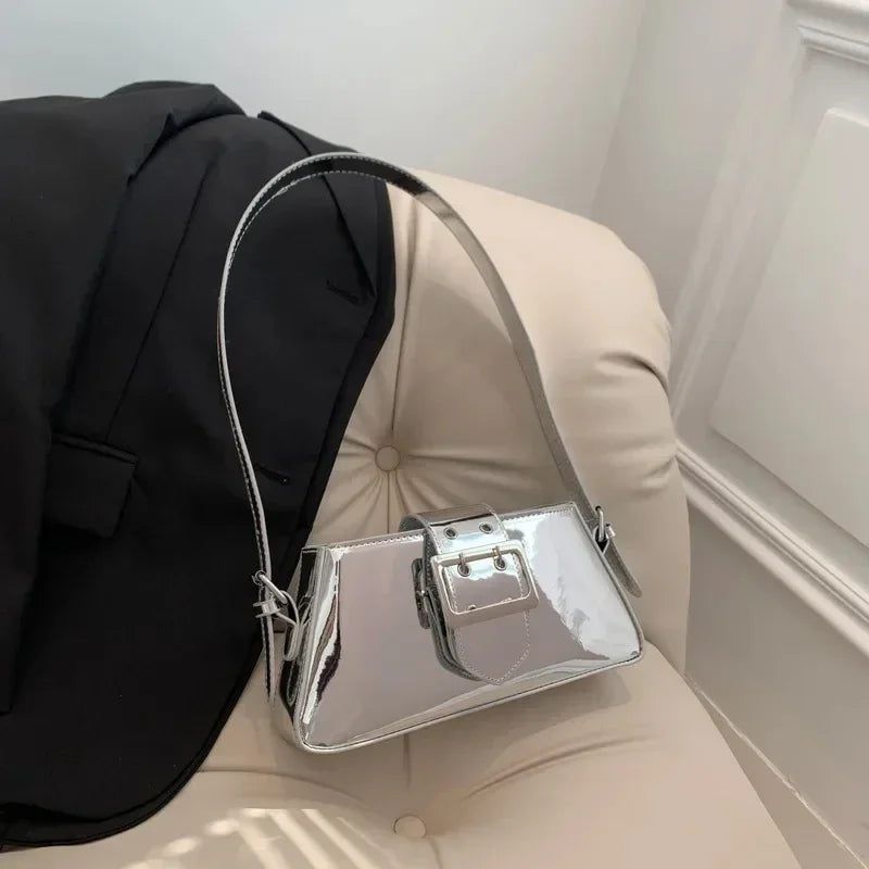 New Luxury Design Women's Glossy PU Leather Armpit Bag | Fashion Party Handbag (Patent Leather Silver Shoulder & Crossbody Bag) Luxegan