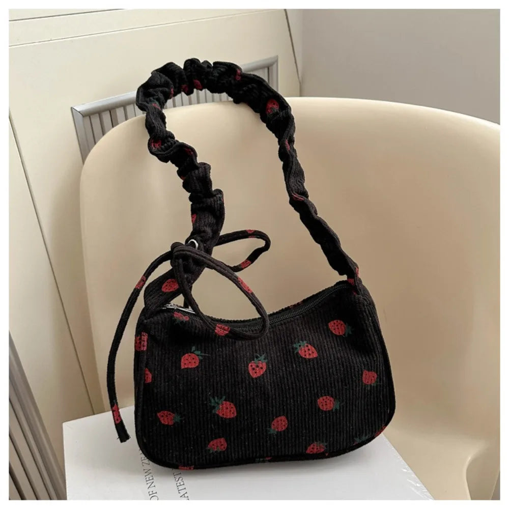 Corduroy Solid Casual Tote | Soft Y2K Strawberry Large Capacity Underarm Bag Luxegan